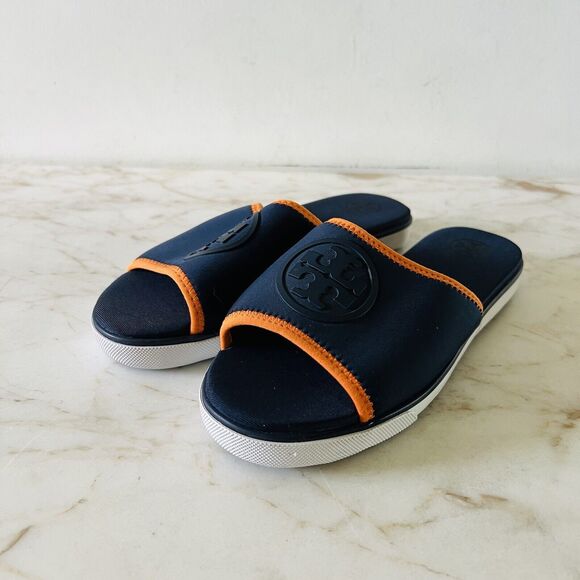TORY BURCH Navy Orange Matte Finished Neoprene Logo "T" Slide Slippers - US 6.5 - Picture 1 of 8
